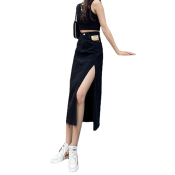 Black side split denim skirt women's summer 2021 New Hot Girl Korean version Show thin A-line bag hip mid length skirt