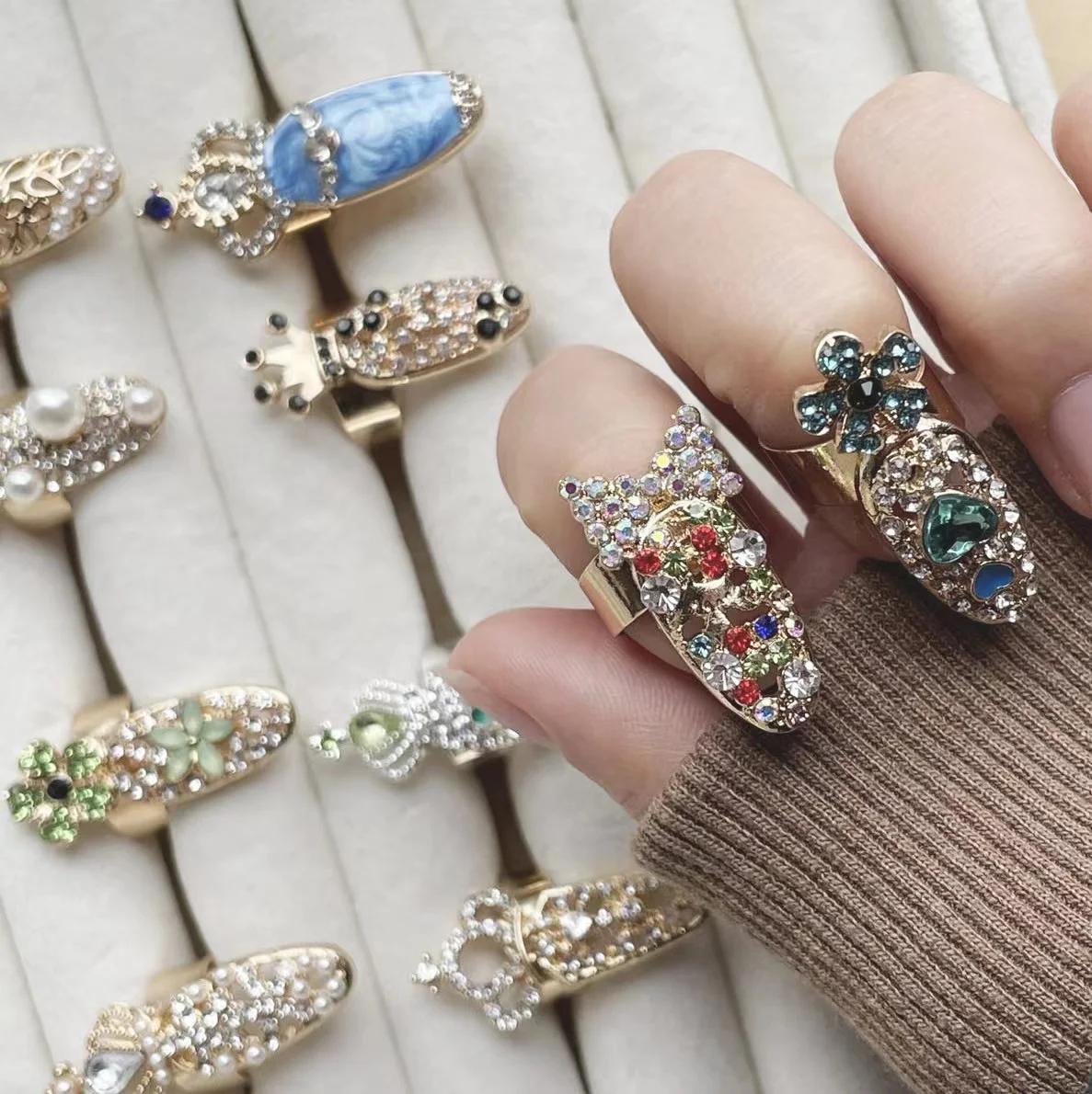 Punk Style Crystal Gold Plated Crown Flower Open Adjustable Luxury Nail Finger Rings Jewelry
