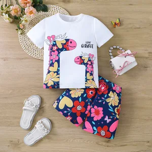 High Quality Cotton Giraffe Love Flower Printed Anti-Wrinkle Children's T-Shirt Set Casual Round Neck Shorts Clothes for Kids