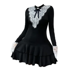 2026 New Retro Party Dress Lace Splicing Natural Waistline Front Logo Solid Pattern Knee Length Casual Style for Autumn