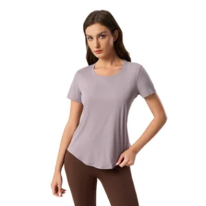 Women's Summer Sports Top Slimming Breathable Knitted Yoga T-Shirt Solid Color Fitness Top Skin-Friendly with Blank Design