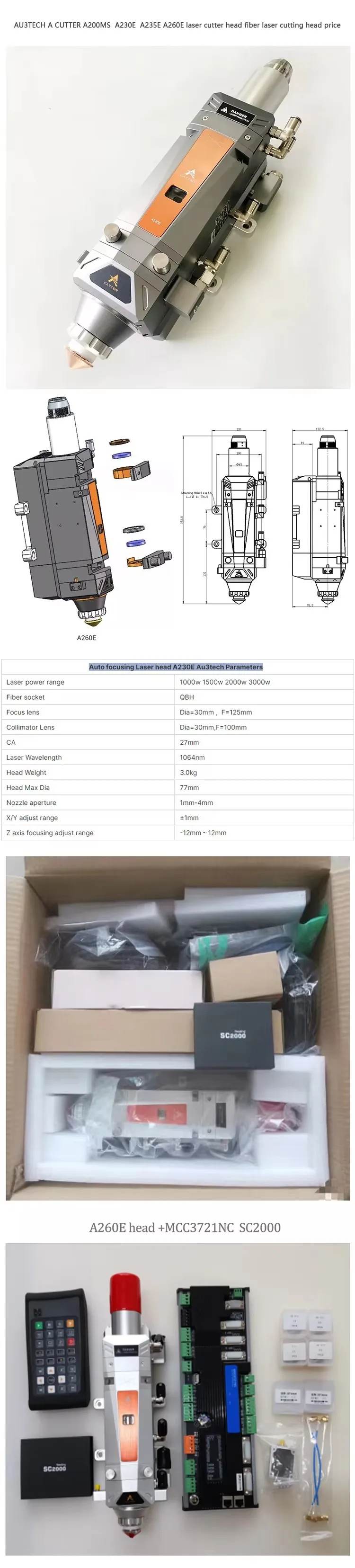 Popular AU3TECH a CUTTER A200MS A230E A235E A260E Laser Cutter Head Fiber Laser Cutting Head Price