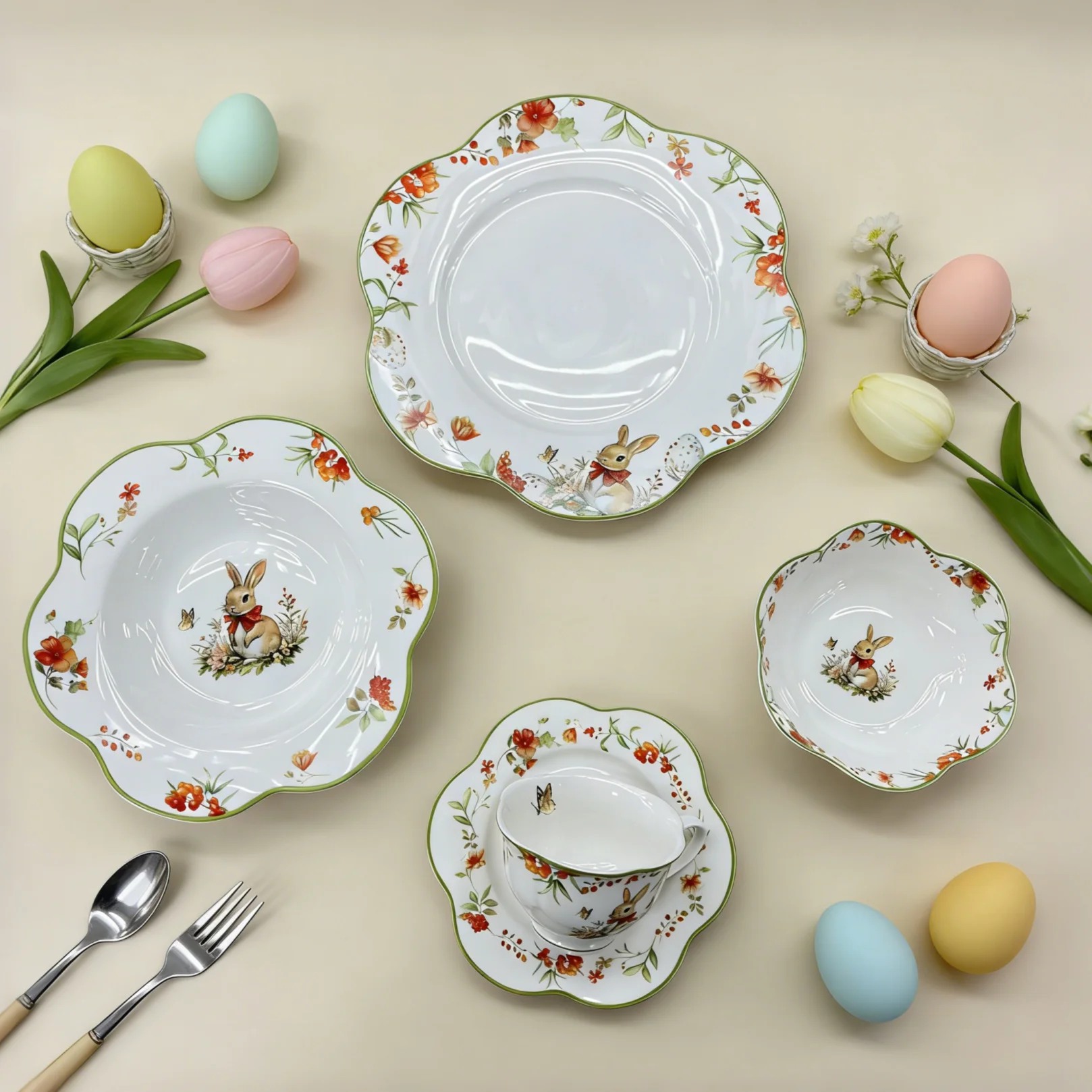 Vintage Easter Bunny Floral Dinnerware Set - Scalloped Edge Porcelain Tableware for Spring Brunch & Holiday Gatherings