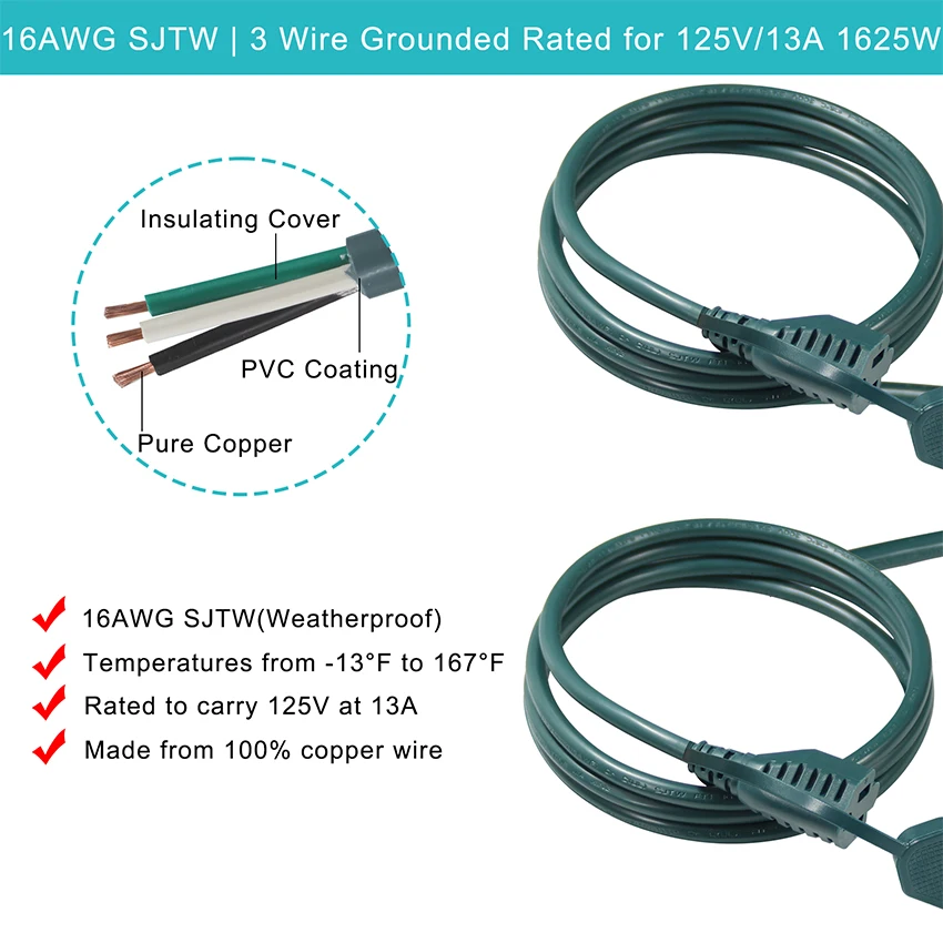 Factory Price Green American Ac 3 Pin Cable Extension Nema5-15p To Nema5-15r Male To Female 3 in 1 Outdoor Power Cord 17
