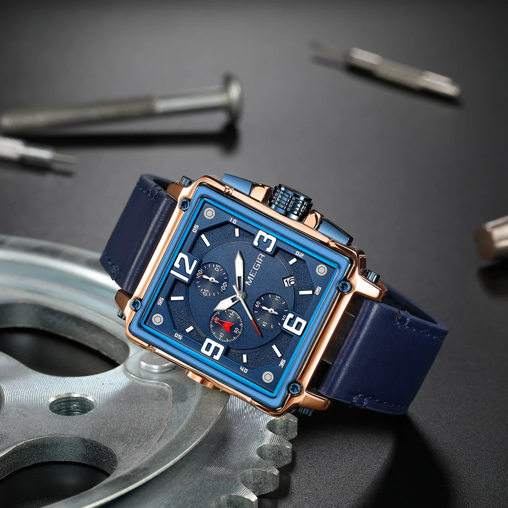 Montre Homme MEGIR 2061 Blue Leather Chronograph Quartz Watches Men Wrist  Luxury Square Watch