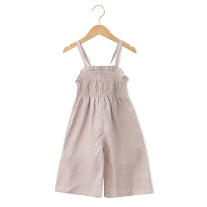 Promotion High Quality  Summer Children Sleeveless Romper 100%Linen Square Collar Baby Jumpsuit With Slip Design
