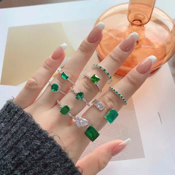 Dylam Stackable Brides Bridesmaid Statement Party Prom Jewelry 5A 8A Emerald Green Cubic Zirconia Engagement Wedding Rings