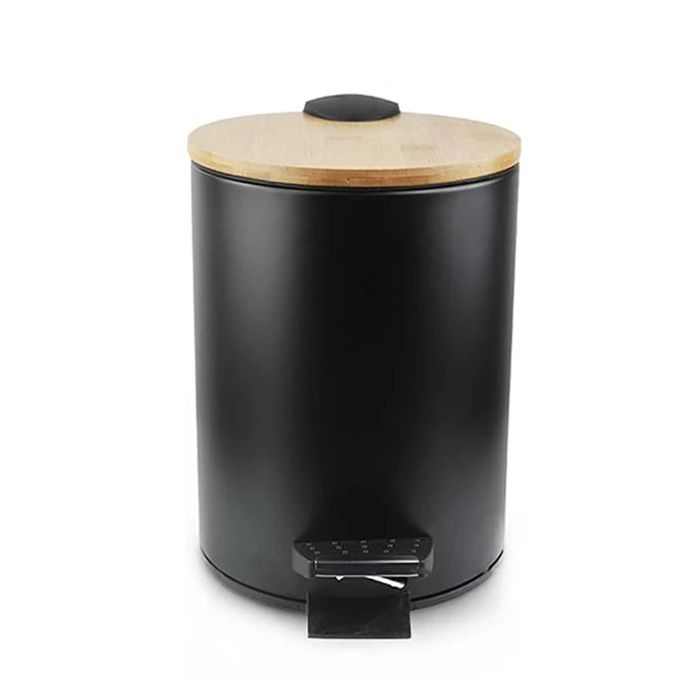 Small 5L Stainless Steel Garbage Bin Bamboo Cover  Kitchen Garbage Unique Bathroom Wooden Trash Can