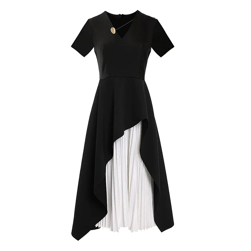Women's Retro Midi Pleated Dress Short Sleeve Black White Contrast for  Office Empire Patchwork Ruffles Spring Summer Woven Solid| Alibaba.com