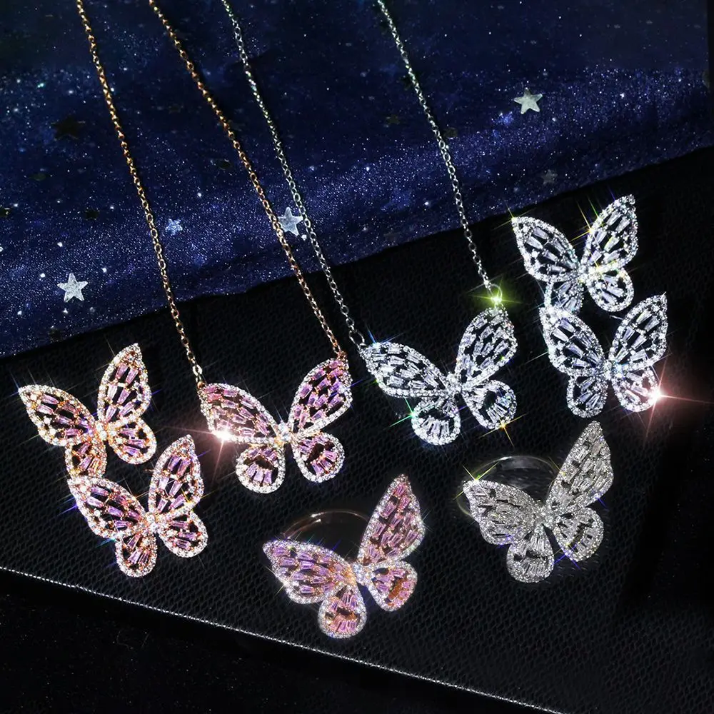 European New Design AAA Cubic Zirconia Hollow Butterfly Jewelry Set Crystal Cz Butterfly Pendant Necklace Earrings Rings Set