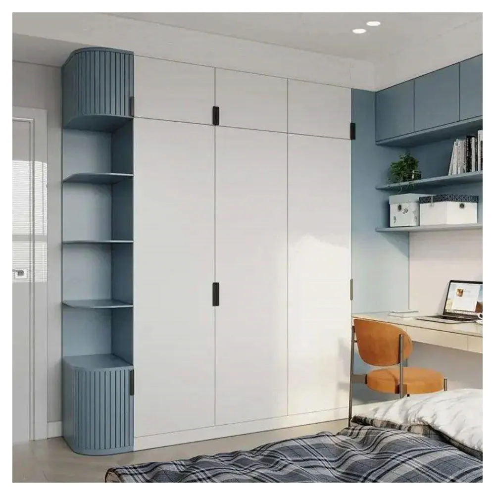 Cheap Customized Bedroom Furniture Closet System Blue White Wooden Wardrobe All Set With Computer Table