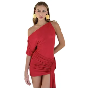 Customize OEM Customizable Mini Dress Lady's Elegant Red One-Shoulder Ruched Party Sleeveless  Apparel Sexy Asymmetrical Style