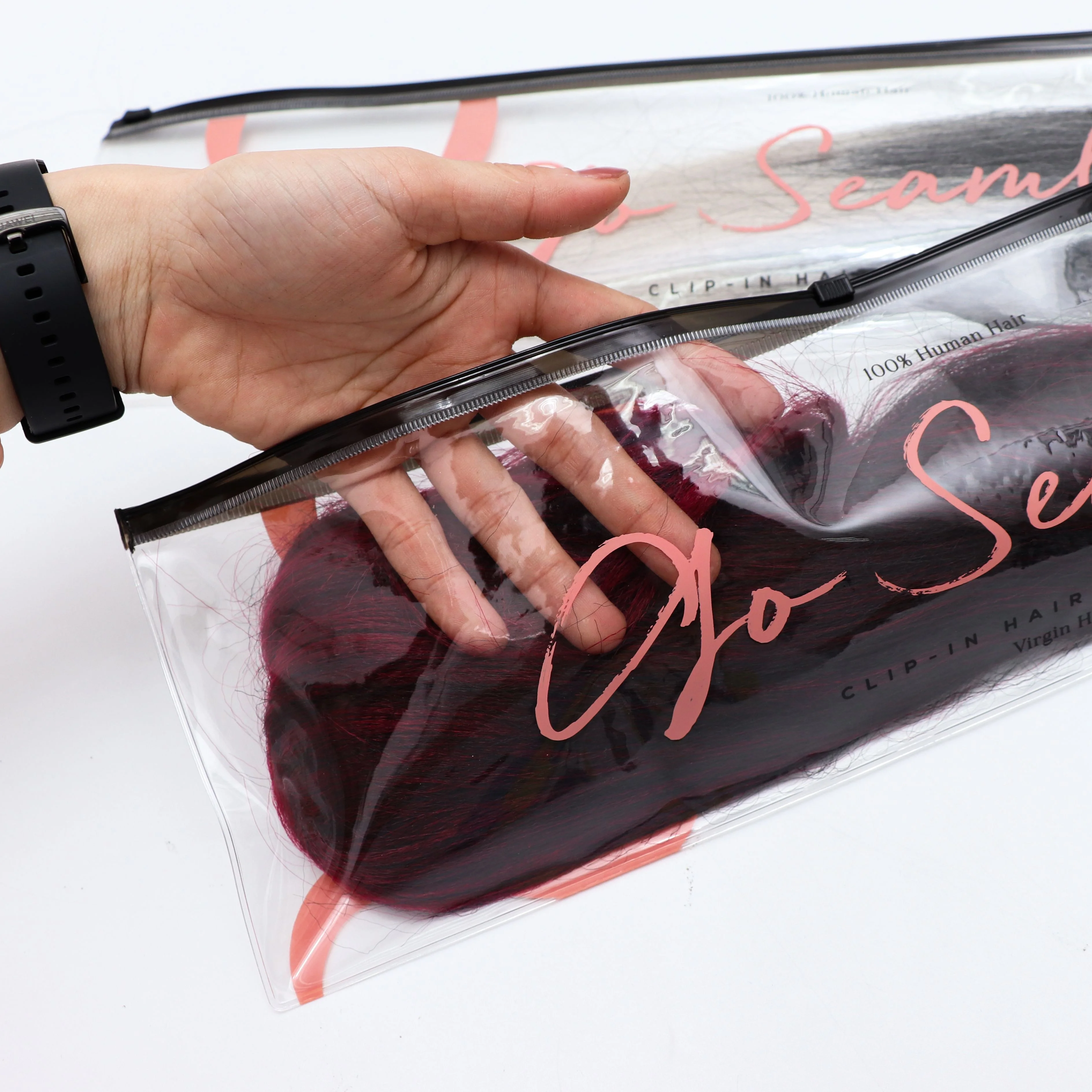 Plastic Clear Hair Extensions Package Custom Printing Wig Bags Hair Packaging Long Size Hair Clip Packaging Zipper Bag