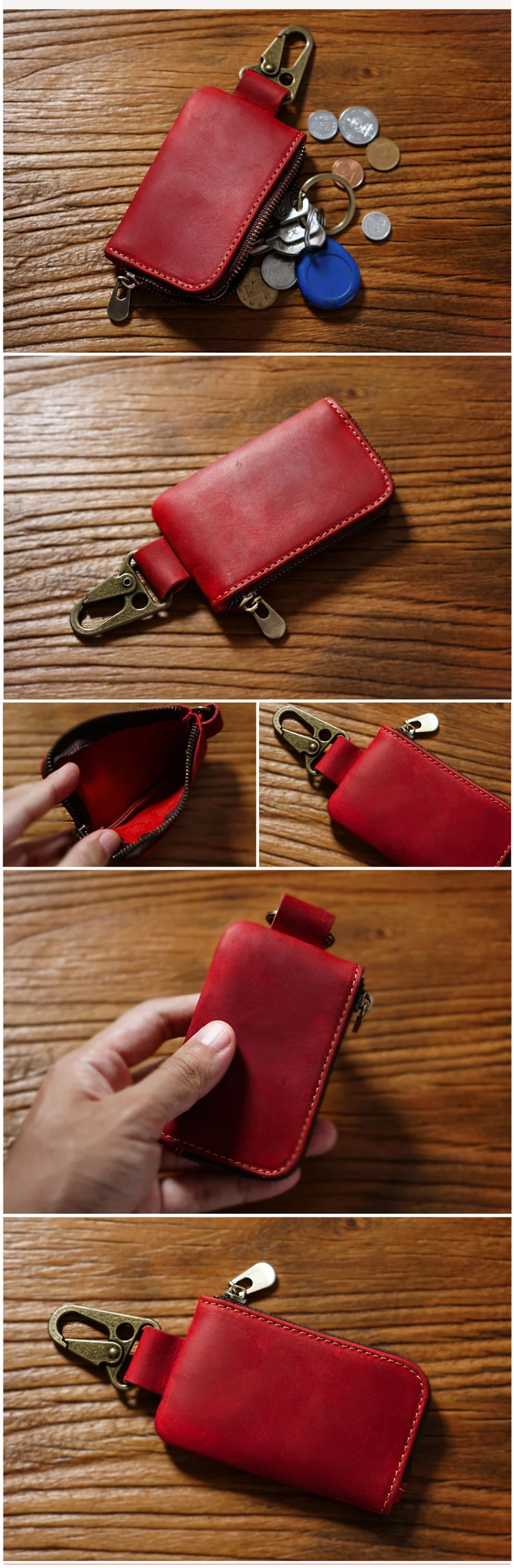 Genuine Leather Vintage Key Holder Organizer With Zip Pouch_voghion.com