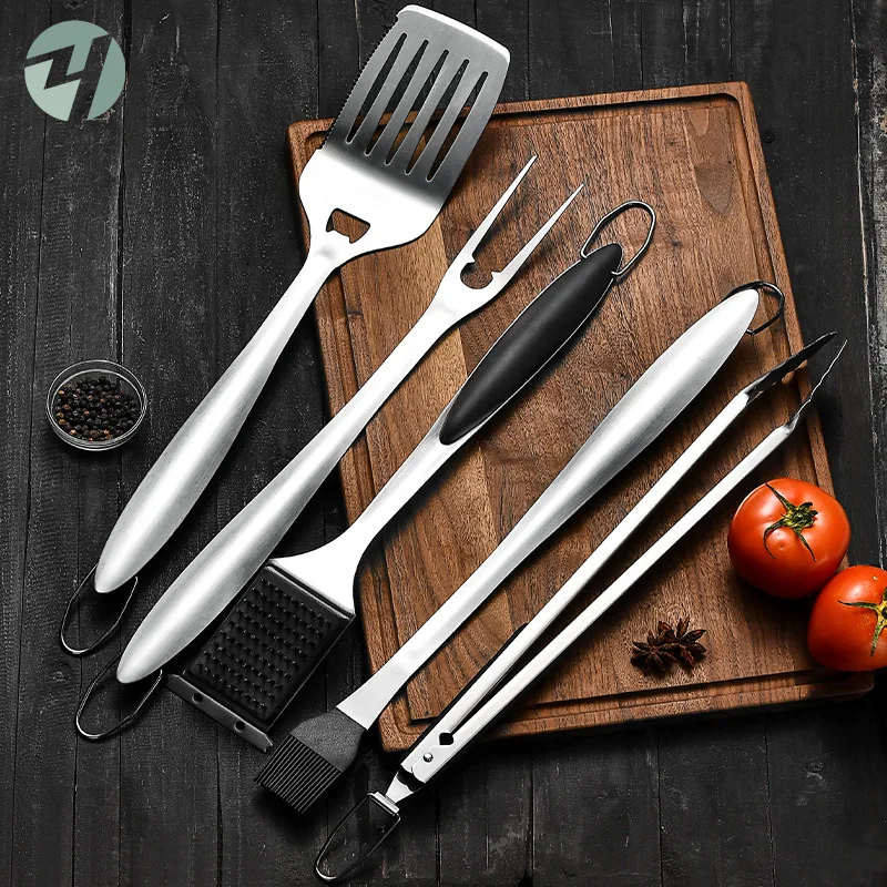 Wholesale Customized Stainless Steel BBQ Grill Tool Set (5 Pieces) Multi-Function Durable Grill Fork Food Tongs & Oil Brush