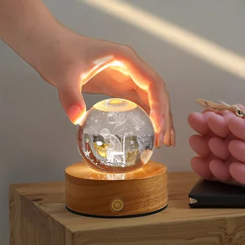 Modern Galaxy Moon Bedroom Decorative Glass Night Customized 3D Interior Carving Crystal Ball 60mm Crafts Warm White LED
