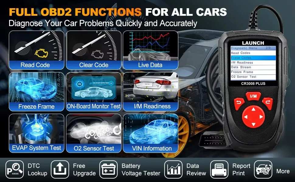 LAUNCH CR3008 OBD2 X431 Automotive Scanner Plastic OBD 2 OBDII Code Reader Free Update Car Diagnostic Tool Equipped NT301 KW680