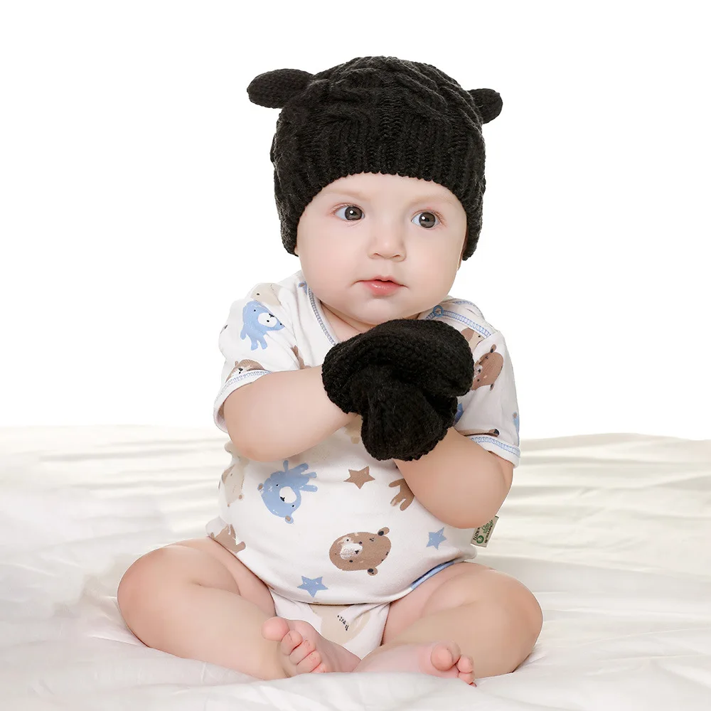 Winter Warm Kitting Yarn Hat Crochet Cap w/ Gloves for 0-18 Month Baby Newborn 