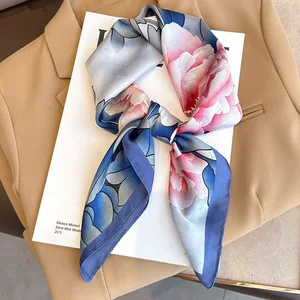 Summer Elegant Floral Printed 70*70cm Square Silk Handkerchiefs for Women New Fancy Polyester Small Hair Tie Scarves