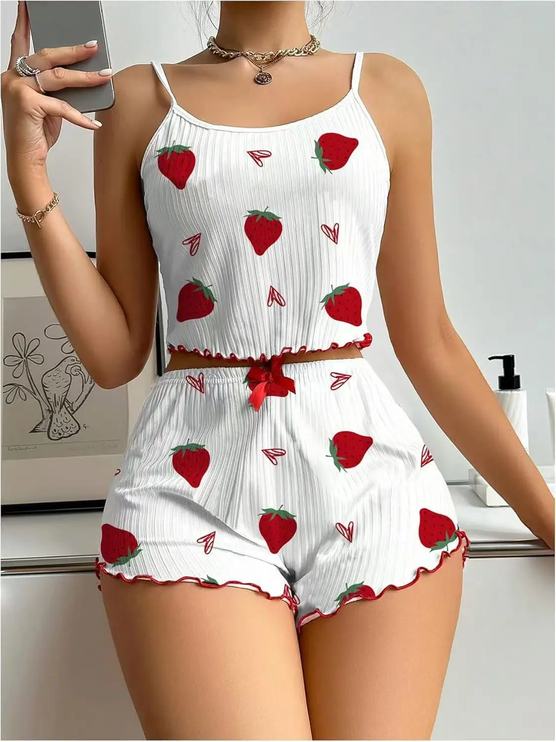 European and American Women's Two-Piece Satin Loungewear Set Strawberry Heart Print Ribbed Camisole Shorts
