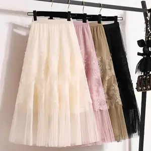 Women's High-Waisted Grace Fashion Skirt Spring Autumn Long Puff Mesh Floral with Embroidered Tulle Breathable Lace Decorated
