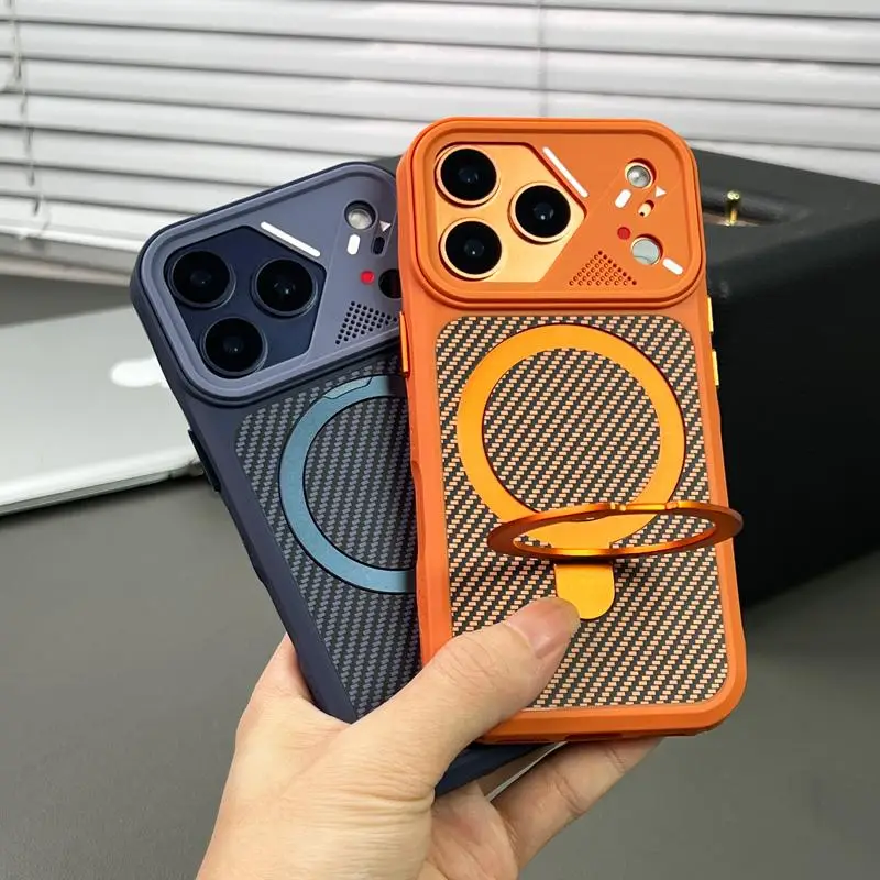 New Matte Carbon Fiber Textured Backplate Magnetic Phone Case for iPhone 17 13 14 15 16 Pro Max With Ring Stand Protective Cover