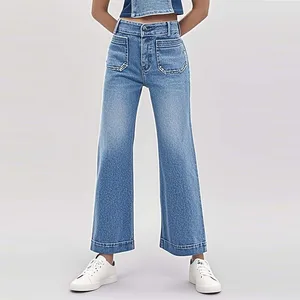 Womens High Waisted Flare Jeans Loose Wide Leg Denim Pants Front Patch Pockets Casual Style for All Seasons