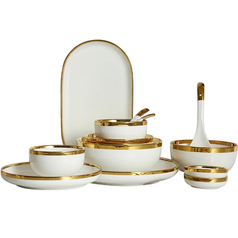 Luxury Nordic Style Gold Rim Crokery Fine Bone China Tableware Porcelain Ceramic dishes Plates Dinnerware Dinner set