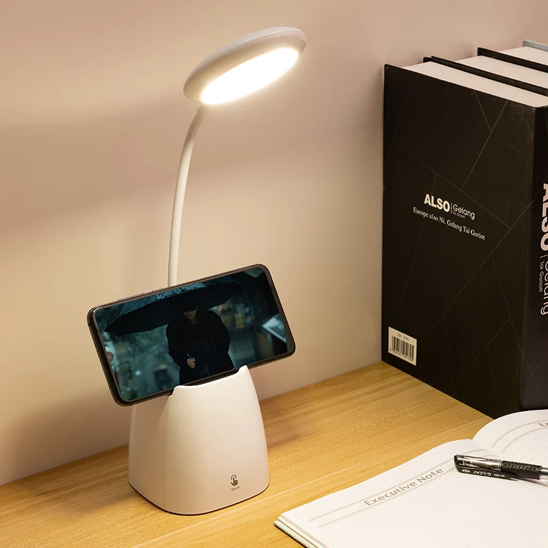Adjustable LED Desk Lamp with Pen Holder Mobile Bracket Small Bright for Office Use or Reading White Shade DC Power Supply