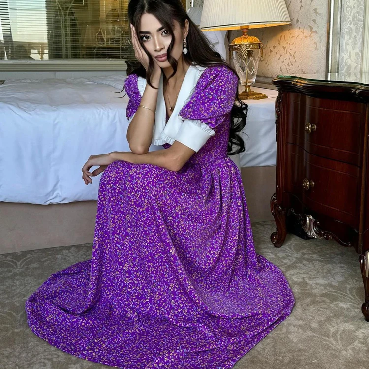 Patchwork Collar Short Sleeve Belted Casual Vestidos Frock Maxi Long Summer  Ladies Floral Dresses Purple Dress for Women Elegant