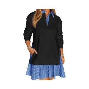 Women's Casual Loose Knitted Breathable Sweatshirt Dress Regular Length Long Sleeve V-Neck Collar Solid Unlined 100% Polyester