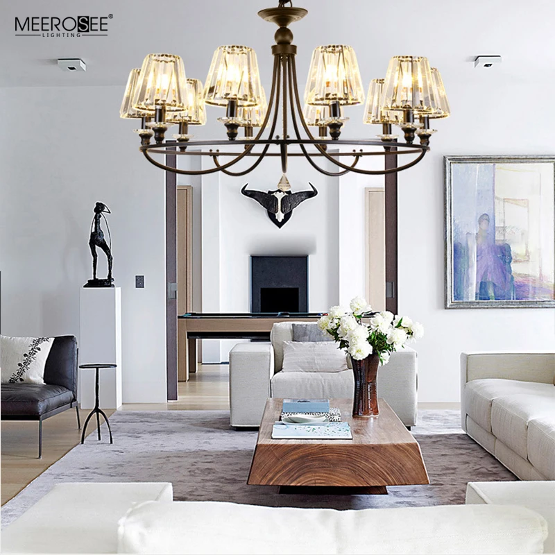 Meerosee Round Modern Rustic Crystal Chandelier Hanging Ceiling Light with Adjustable Chain for Dining Room Farmhouse MD86799