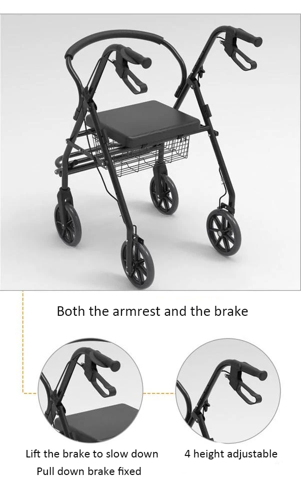 Mobility Aids Lightweight Four Wheel Folding Rollator Walker with Seat For Disabled manufacture