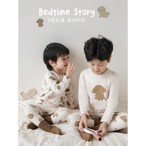 Cartoon Print Boys Home Clothes Set Autumn New Round Neck Hemmed Boneless Stitching Children's Pajamas