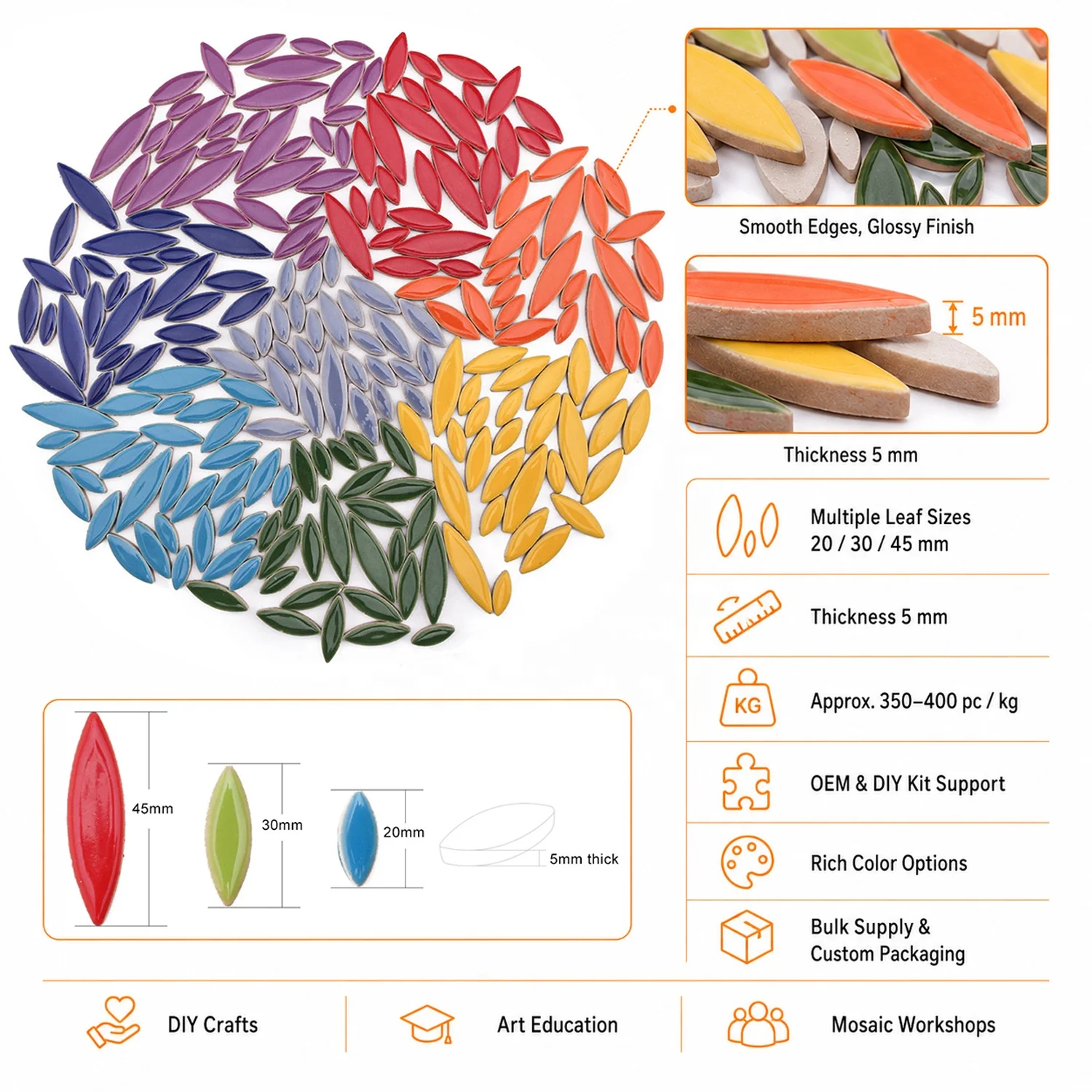 Exclusive Petal Shape Colorful Glazed Ceramic Loose Art Diy Mosaic Tiles for Craft