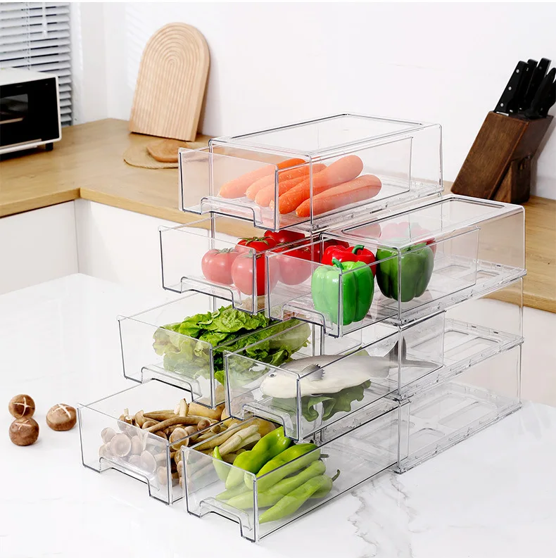 Refrigerator storage box Drawer type can stack fruit and vegetable finishing pull type storage transparent drawer box factory