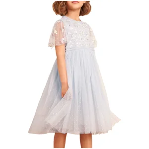 Floral Embroidered Children's Girls Light Blue Sheer Sleeve Tulle Evening Dress Delicate Ruffled Girls Party Attire