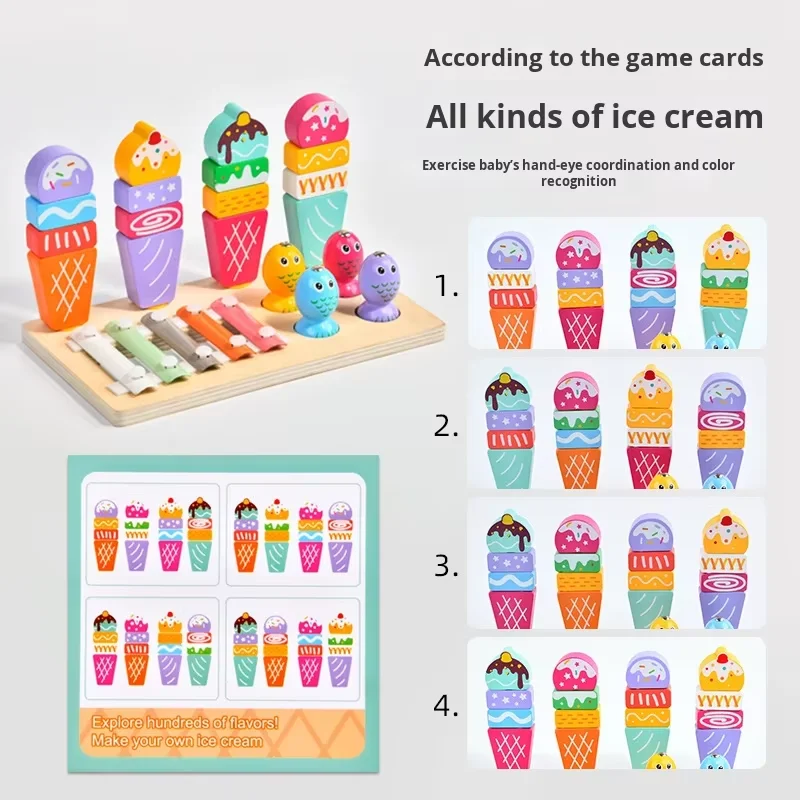 Višenamjenski 3 u 1 set za djecu, igra ribolova, sladoled, Montessori glazbeni drveni ksilofon, zabavni edukativni igrački