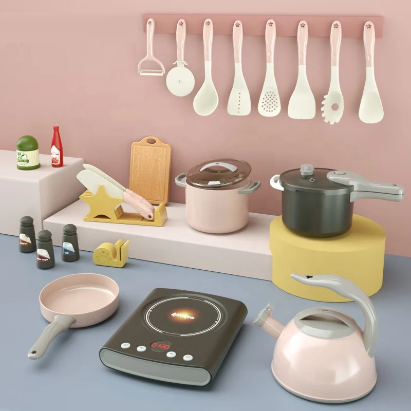 31pcs Mini Simulation Induction Cooker Cooking Toy Set Girl Kids Kitchen Toy Cooking Cookware Kit Chef Pretend Play House Toys