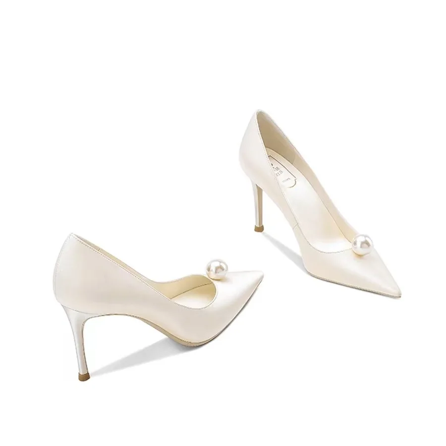 Plus Size Bridal Shoes Pointed Toe White Red Satin High Heeled Slip On Women Pearl Wedding Pumps Shoes Party - Image 4
