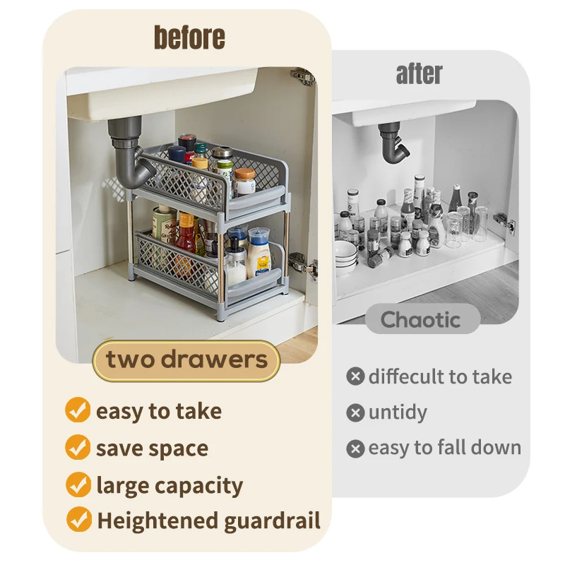 Kitchen Storage Shelf with 2 Drawers Sliding Spice Rack Under Sink Organizer Multi-function Rack with Darwers