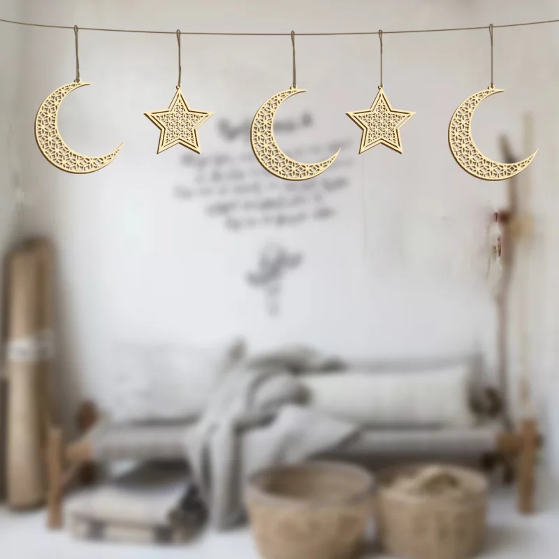 Оптовая продажа деревянная подвеска «сделай сам» в виде мусульманской Рамадана звезды Луны подвесное украшение креативное для