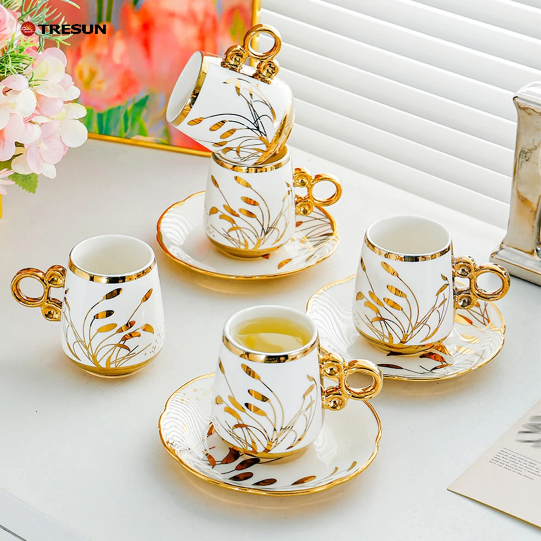 Arabic Style Middle East Gift Box Luxury Cheap Price Cappuccino Laate Porcelain Ceramic Tea Coffee Cup and Saucer Set of 6