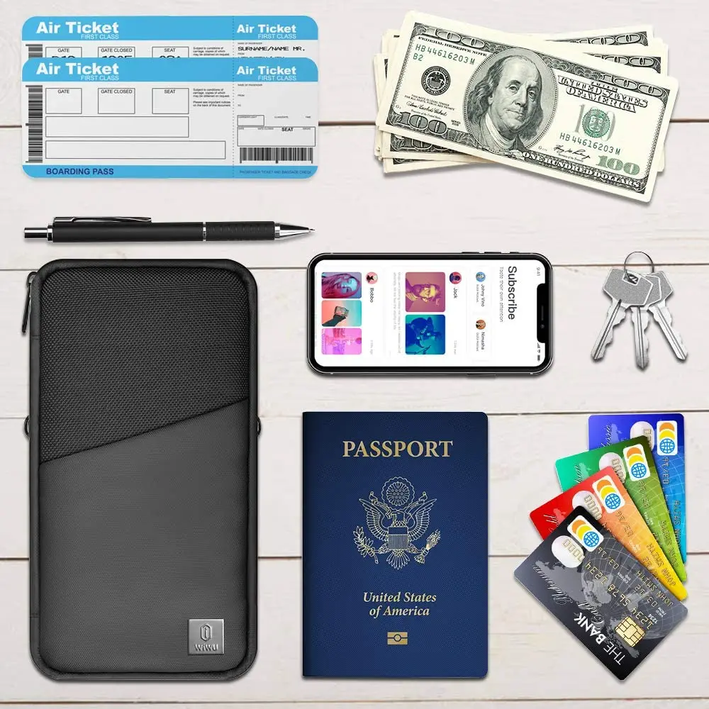 WiWU Unisex Geometric Wallet Card Passport Case Travel Pouch with RFID Protection Nylon Accessories Strap Fashionable Design