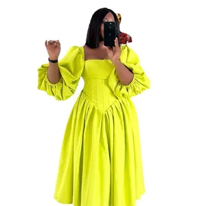 2026 Spring European Series Women's Slim Fit Casual Long Skirt, Casual square Neck Long Sleeved Natural Solid Color Dress