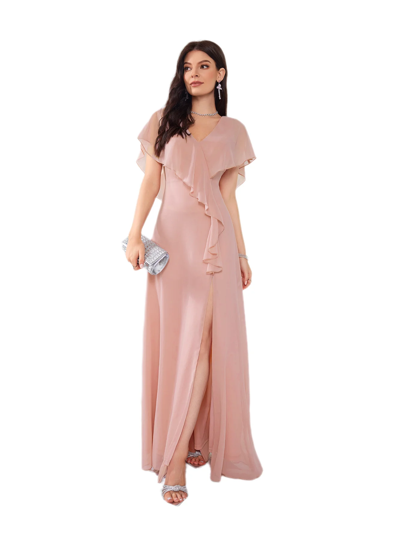 custom bridesmaid dresses Made Women Pink Flounce Sleeve V Neck Backless Ruched Asymmetric Hem Maxi Chiffon High Slit Dress for Wedding Women's Christmas Santa Dress NA-03.11.26AM Clothing Sophisticated burgundy mermaid prom Variations ::Whole set
