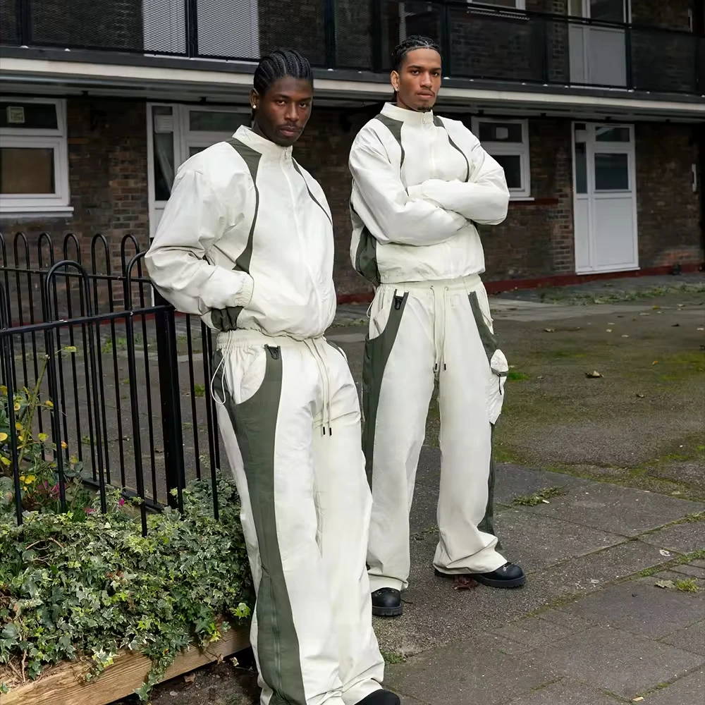 Custom Men's Women's Polyester Jogger Gym Sets Unisex Nylon Track Suit Zip Patchwork Jacket Pants Printed OEM Track Suits gallery 2
