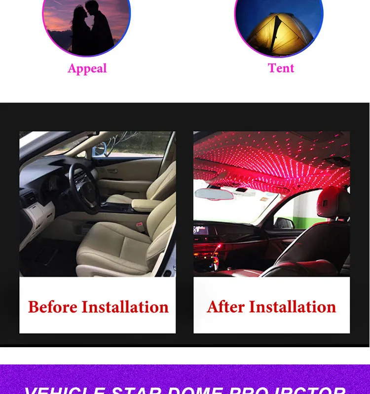 Car Interior Roof LED Star Light USB Atmosphere Starry Sky Night Projector Lamp