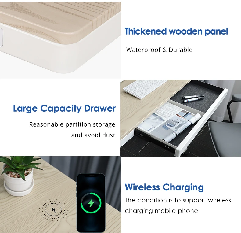 Wooden Top Modern Home Office Computer Table with Storage Drawer Electric Height Adjustable Standing Desk with Wireless Charger
