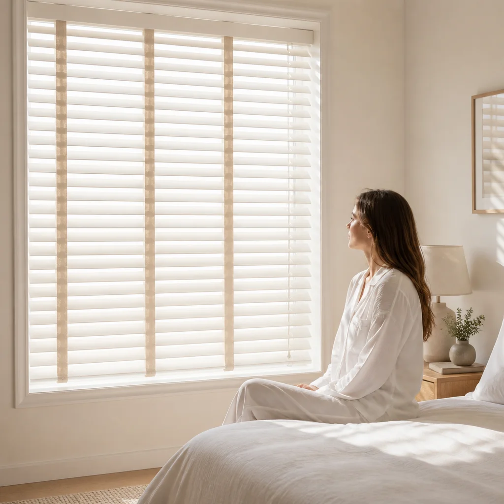 Venetian Blinds 50mm Painted White Paulownia Wide Ladder Tape Pull Cord Custom Size Bedroom Privacy Light Control Wholesale